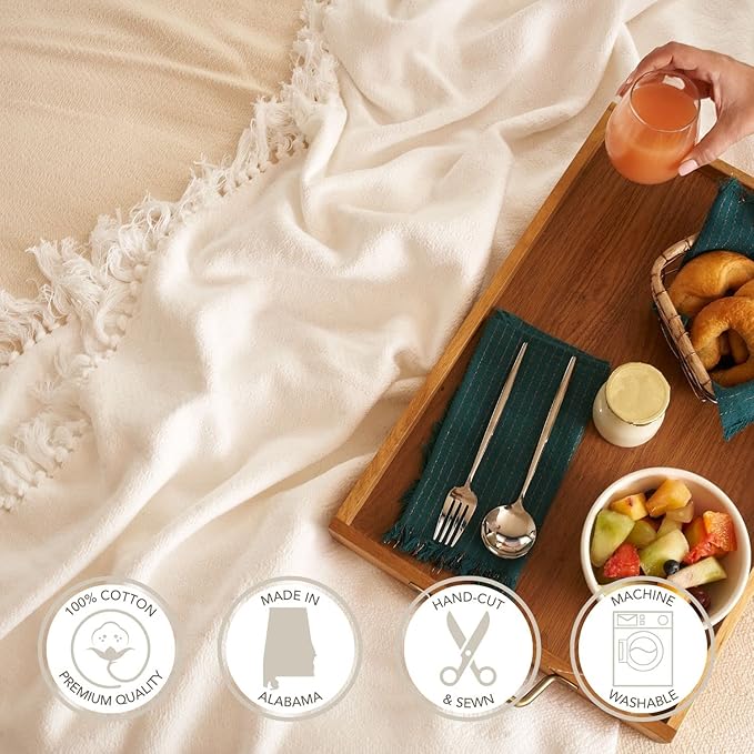 Red Land Cotton Natural 100% Cotton Breathable Basket Weave Throw Blanket - Made in USA, Lightweight, Machine Washable, All-American Comfort