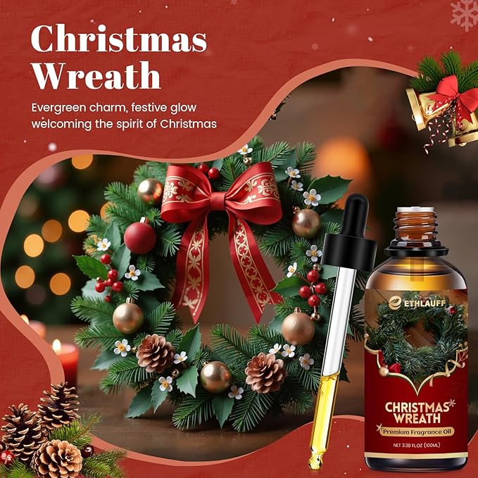 Christmas Wreath Essential Oil 3.38 Fl Oz (100ml), Christmas Essential Oils for Diffusers, Winter Essential Oils for Candle Making, Cozy Holiday Scented Oils