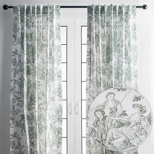 Maison d' Hermine Curtains for living room 100% Cotton 124 inch length Two Panels Light Filtering Toile Curtains with rod and loop Pockets (The Miller Antique Green (White Background), 50"W x 124"L)
