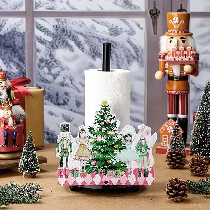 Yookeer Christmas Paper Towel Holder Nutcracker Floral Holly Buffalo Plaid Christmas Tree Towels Paper Holder for Kitchen Countertop Bathroom Home Farmhouse Winter Replaceable Xmas Tree Decor Indoor