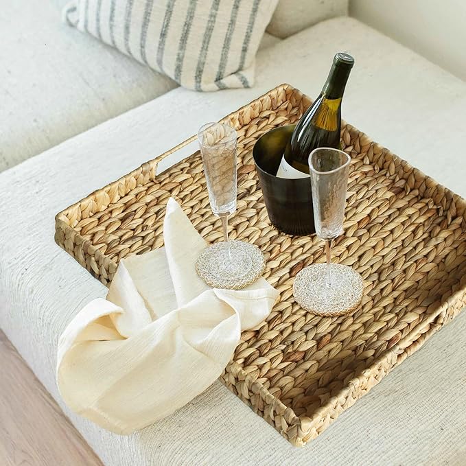 Extra Large Square Ottoman Table Tray 19.7" with Handles - Water Hyacinth Wicker Serving Tray for Farmhouse Decorative Oversized Coffee Table Trays Living Room Kitchen Counter Breakfast (Flush Edge)