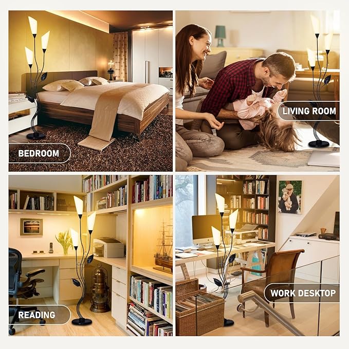 JBZ Flower Floor Lamp for Living Room, 62" Tall Pole Lamp with Foot Switch, with 3 Heads Dimmable LED Lamps for Farmhouse Rustic Bedroom Office, with Plug and 1200LM, 3 Color Temperatures E27