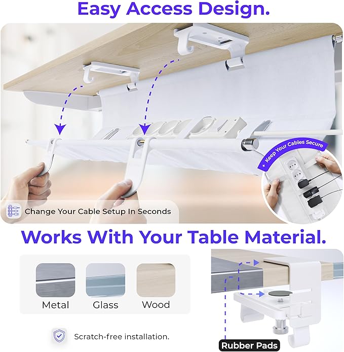 Ascrono Original No Drill Under Desk Cable Management Tray 14.1" - Premium White Fabric Cable Management Under Desk - Clamp/Screw Mount Cord Organizer - Supports Upto 66lbs