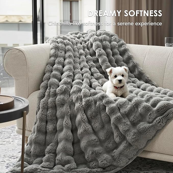 EverGrace Ultra Soft Luxury Fluffy Faux Rabbit Fur Throw Blanket, Thick Warm Bubble Throw for Bed, Cozy Plush Reversible Blankets for Couch, Chair, Sofa, Grey, 50x60 Inches