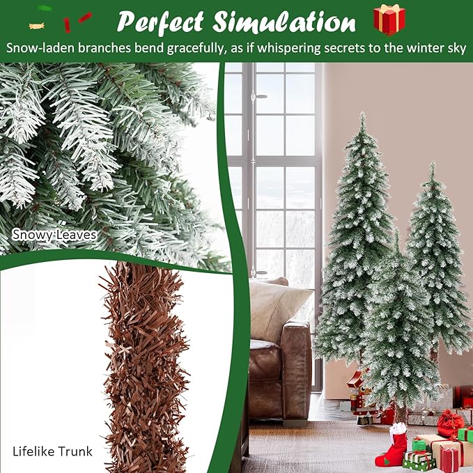 GOFLAME Set of 3 Prelit Christmas Tree, Pencil Artificial Christmas Tree 3Ft, 4Ft and 5Ft with Warm White LED Lights, Slim Christmas Trees with Snowy Leaves, Xmas Decoration Tree for Home Office Party