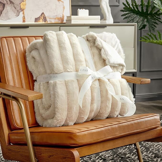 Cozy Bliss Faux Fur Throw Blanket for Couch, Cozy Warm Plush Striped Blanket for Sofa Bedroom Living Room, 90 * 90 Inches Beige