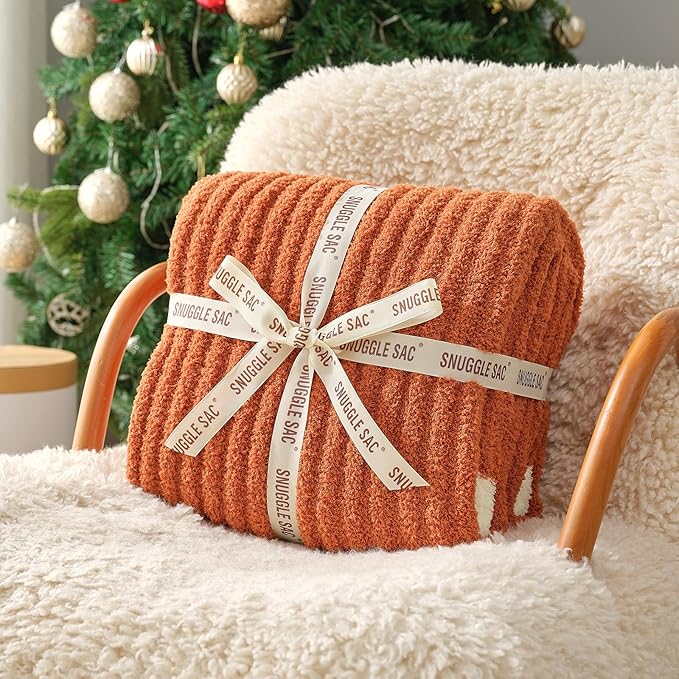 Snuggle Sac Ribbed Burnt Orange Fall Throw Blanket for Couch, Fuzzy Microfiber Knit Blankets for Couch, Sofa, Travel, Burnt Orange, 50x60 inches