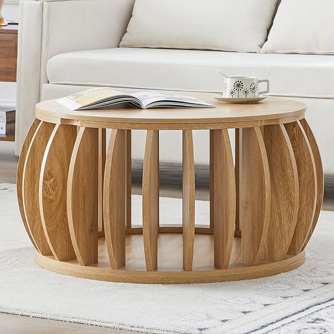 Drum Coffee Table with Storage,31.5” Wood Round Coffee Table,Farmhouse Pumpkin-Shaped Center Table for Living Room Home Office Natural