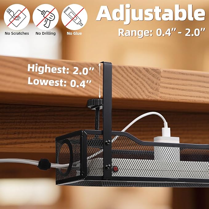 Under Management Tray Kit No Drill, Metal Mesh Cable Management Under Desk Cable Tray with Clamp for Wire Management and Cord Organizer Cable Rack for Home Office Desk (Black)