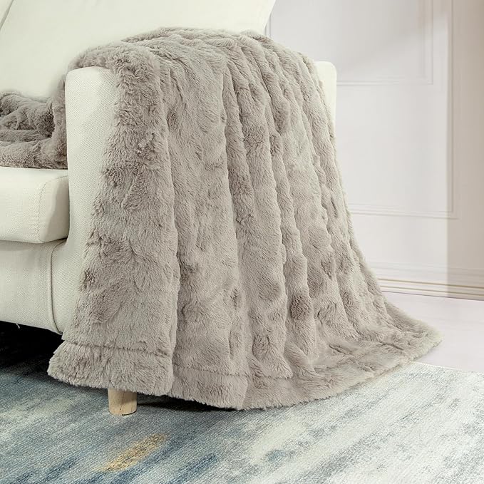 TOONOW Faux Fur Luxury Throw Blanket,Double Side Soft Fluffy Shaggy Fuzzy Blanket for Couch Sofa Bed (Pumice Stone, Throw)