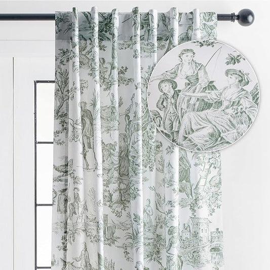 Maison d' Hermine Curtains for Living Room 100% Cotton 96 inch Length One Panel Light Filtering Toile Curtains with Rod and Loop Pockets (The Miller Antique Green (White Background), 50" W x 96" L)