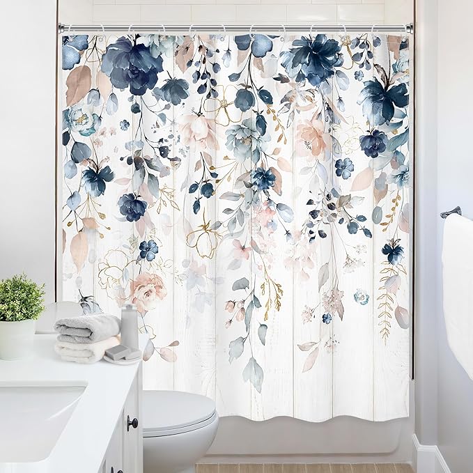 Rustic Floral Shower Curtain 72Wx72L Inch Spring Summer Blue Flower Pink Wildflower Plant Botanical Bathroom Set Boho Wooden Board Eucalyptus Leaf Bath Curtain Bathtub Accessories Home Decor