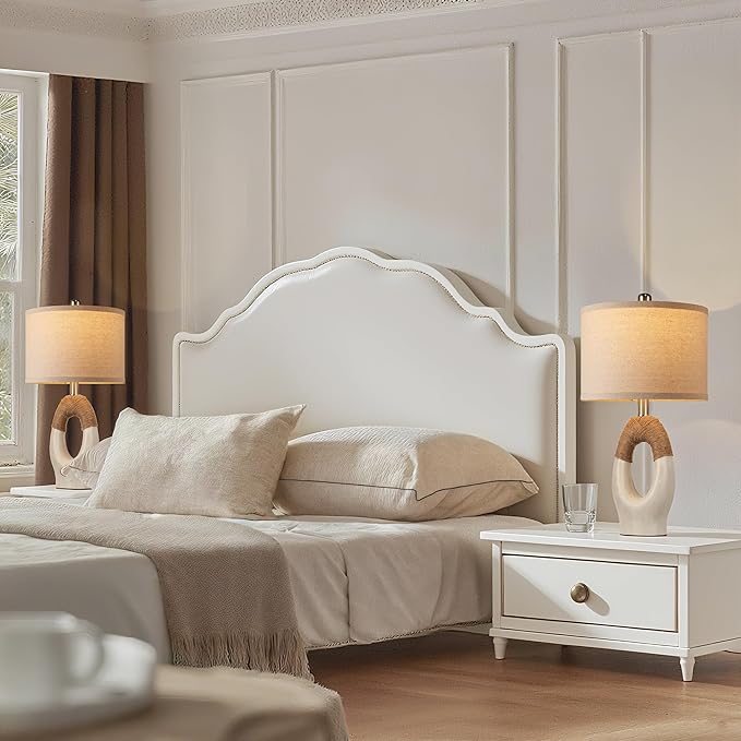 Set of 2 Boho Rattan Table Lamps,21" Farmhouse Rustic Lamps for Bedroom Night Stands,Washed White Resin Bedside Lamps with Linen Shades for Living Room Coastal Beach Decor(Bulbs Not Included)