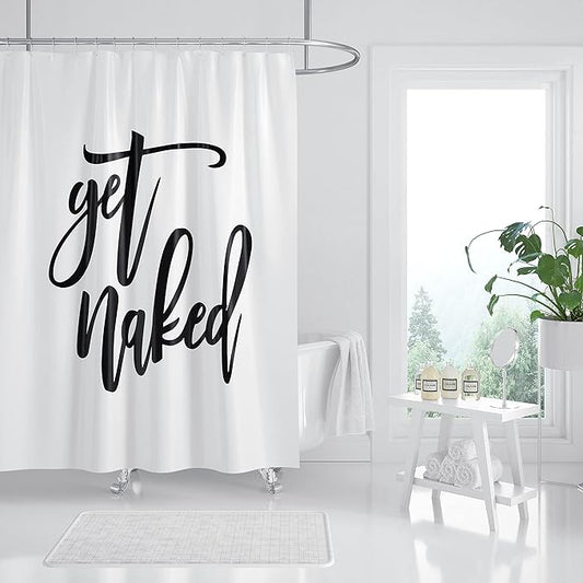 Domoku Get Naked Shower Curtain White Decor Black Words Shower Curtain Funny Bathroom Curtain Polyester Fabric Waterproof with 12Hooks,72x72 inch