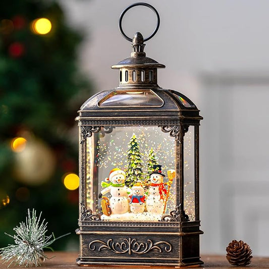 Christmas Snow Globe Lantern Lighted Snowman Family Musical Water Globe with Swirling Glitter, Christmas Holiday Party Gifts and Decorations
