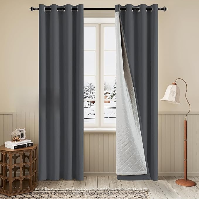 3-in-1 Thermal Winter Room Divider Curtains Total Blackout Soundproof Grommet Curtains for Bedroom Living Room (Grey, 50x80 Inches, 1 Panel)