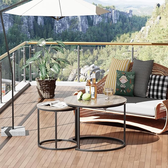 aboxoo Coffee Table Nesting Side Round Table Set of 2 End Table with Sturdy Metal Frame for Living Room Bedroom Apartment Modern Industrial Simple Nightstand,Oak