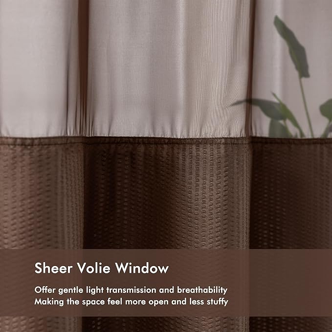 Mrs Awesome No Hook Shower Curtain with Snap-in Liner, Embossed Waffle Design Fabric Shower Curtain for Bathroom, Soft & Lightweight, 71x74, Chocolate