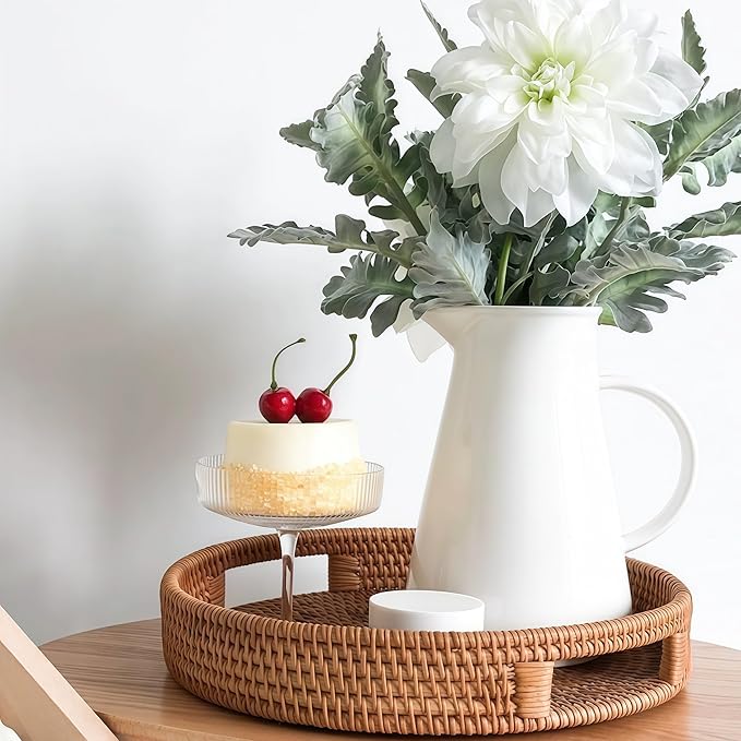 11.8" Round Rattan Tray, Hand Woven Serving Tray with Handles, Wicker Serving Basket, Decorative Tray for Home Decor, Natural