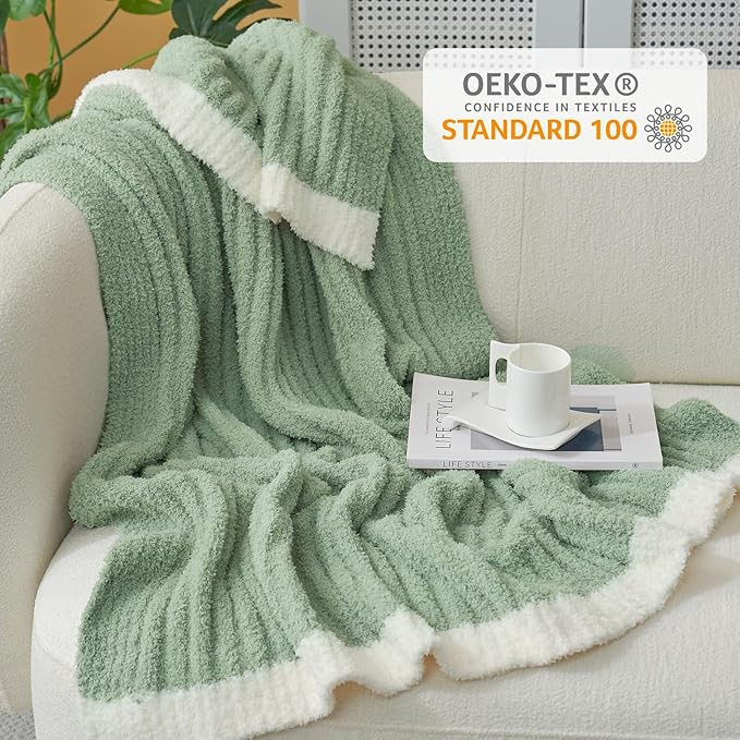 Snuggle Sac Fluffy Ribbed Throw Blanket for Couch, Sage Green, Microfiber Knit Throws for Sofa, Soft Luxurious Fuzzy Warm Blankets for Sofa, Bed, Travel, Sage Green, 50x60 inches