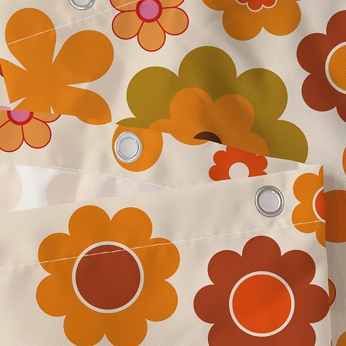 Retro Flowers Shower Curtain, Groovy Brown Orange Sun Flower Vintage 70s Fabric Shower Curtains Set for Bathroom Funky Hippie 1970 Boho Yellow Floral Decoration with Hooks 72 X 78 inch Bath Decor