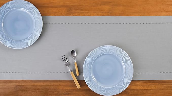 Solino Home Light Grey Table Runner 108 Inches Long - Cotton Linen Hemstitch 14 x 108 Inch Table Runner for Dining, Fall, Autumn, Thanksgiving, Holiday