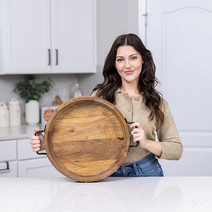 16" Large Round Ottoman Tray, Heavy Duty Mango Wood, for Serving Tea, Breakfast in Bed, Living Room Large Coffee Table Tray Rustic with Farmhouse Style, Decorative Handles and Accent Strap