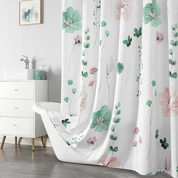 QiyI Watercolor Floral Shower Curtain, 3D Embossed Butterflies Sage Green Flower Bathroom Curtain, Minimalist White Cloth Bath Curtain, Waterproof Fabric Textured Shower Curtain Set with Hooks, 72x72