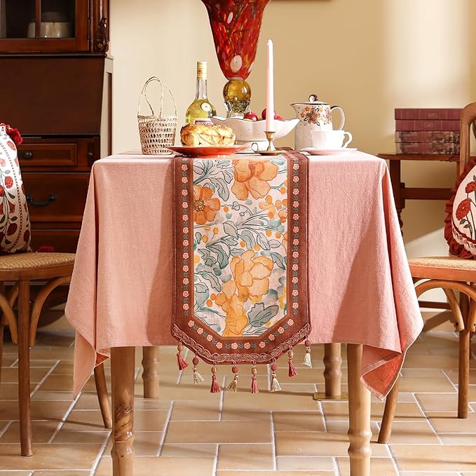 Designer Vintage Orange Floral Table Runner,French Farmhouse Soft Linen Table Runners 94 Inches Long,Decor Tabletop for Kitchen,Dining,Party,Tea Party,Christmas,16"*94"