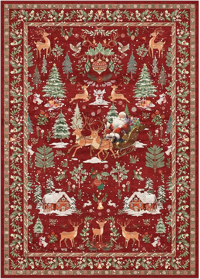 Lahome Christmas Area Rug, 5x7 Red Living Room Rugs, Christmas Tree Santa Claus Non Slip Soft Dining Room Rug, Washable Winter Indoor Carpet for Bedroom Entry Holiday Decor
