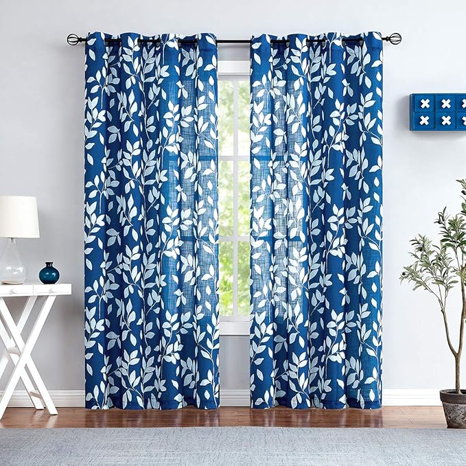 Navy and White Curtains for Bedroom 54" Length Leaf Print Curtains for Windows Semi-Sheers, Royal Blue Grommet Top, 2 Pack
