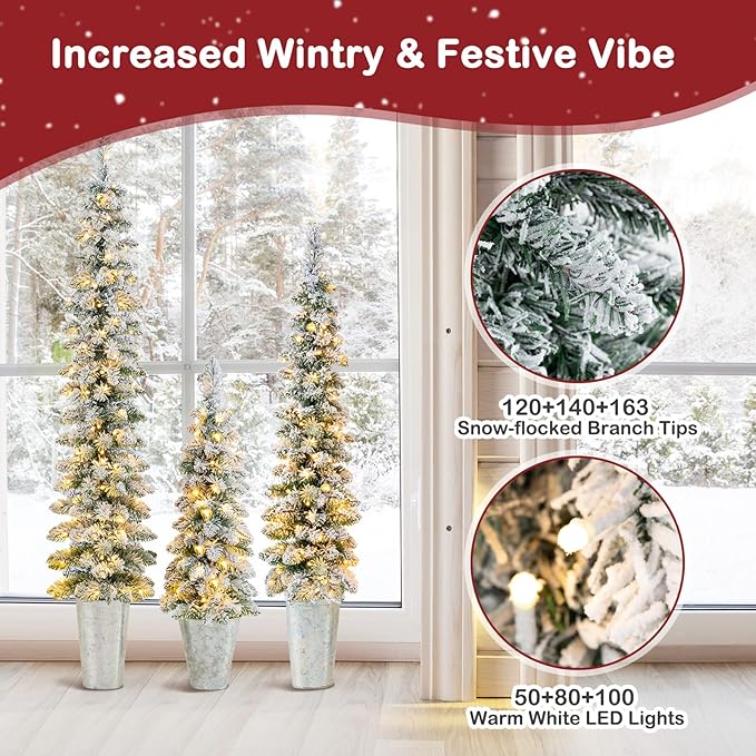 GOFLAME Set of 3 Pre-Lit Potted Christmas Trees, Snow Flocked Pencil Christmas Tree Set 3Ft, 4Ft and 5Ft with Warm White LED Lights, 8 Lighting Modes, Timer, Holiday Decoration Tree for Home Party