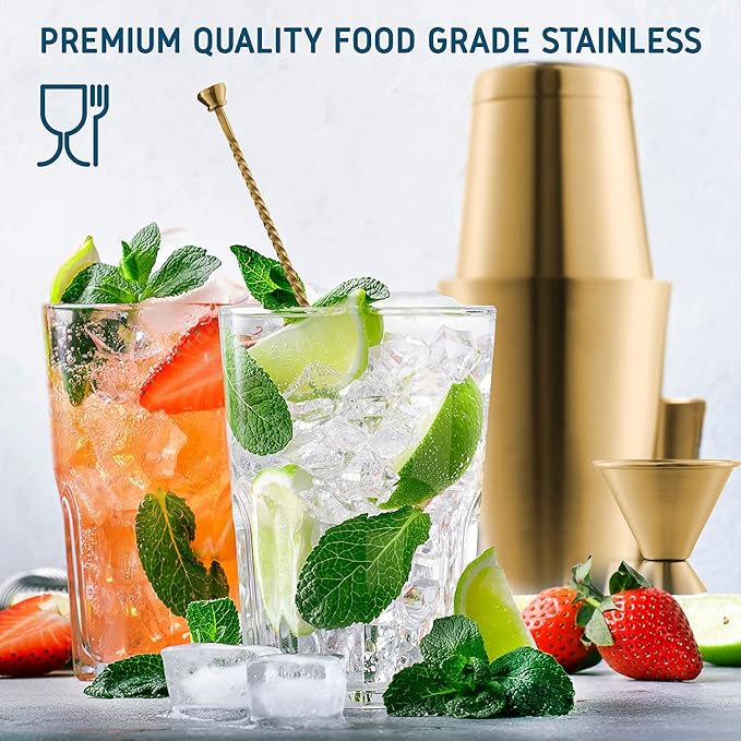 Bar Set Cocktail Shaker Set, Stainless Steel Mixology Bartender Kit, 16 Piece Cocktail Kit, Gold Cocktail Set, Bar Tools: 30oz Martini Shaker, Muddler, Bar Kit Cocktail Book, Jigger and Pourers