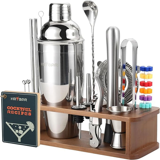 HMYBAR® 22-pc Cocktail Shaker Set(24oz/700ml) | Mixology Bartender Kit | Bar Tool Set | Martini Making Set with 39-Recipe Cocktail Cards & Kit's Deco, Bamboo Stand Brown Color, Silver Tools