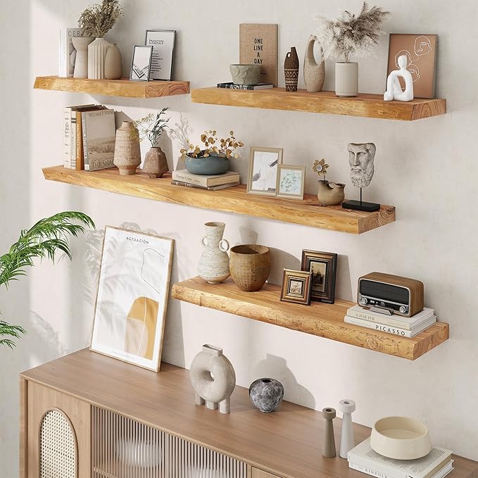 Floating Shelves, 8" Deep Rustic Solid Wood Wall Mounted Floating Shelves, Wall Shelves with Invisible Bracket for Living Room Bathroom Bedroom Kitchen, 48 Inch, Natural