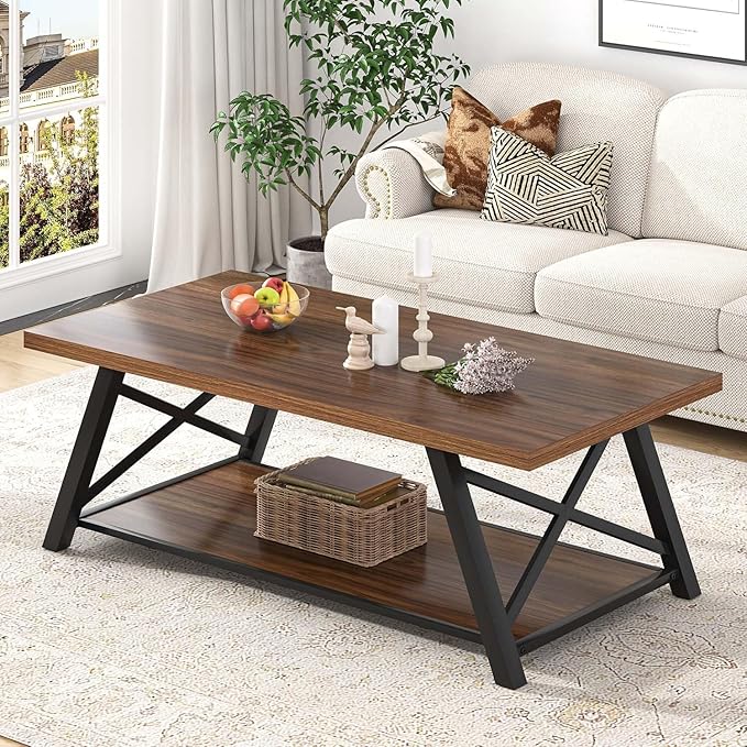 EXCEFUR Modern Coffee Table, Industrial Living Room Center Table with Storage Shelf, Rectangle Wood and Metal Cocktail Tea Table, Rustic Walnut, 47 Inch