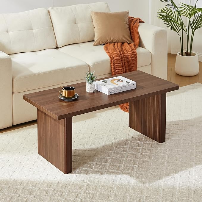 AVZEAR 43Inch Fluted Wooden Coffee Table for Living Room, Mid Century Modern Coffee Table with Sturdy Fluted Legs & Rounded Corner, Curved Rectangle Center Table for Home, Office, Cafe, Walnut