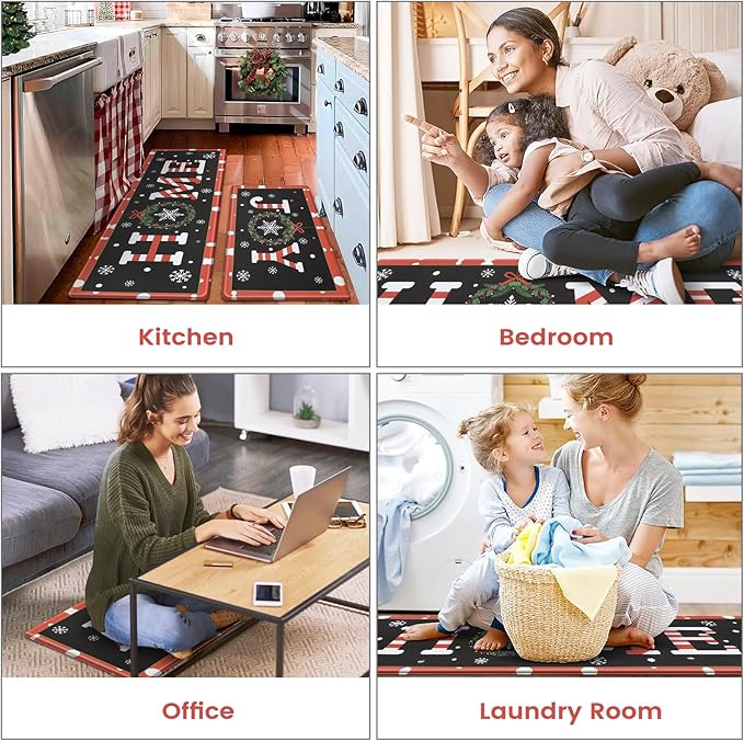 Christmas Joy Winter Snowflake Kitchen Floor Mat, Cushioned Anti Fatigue Kitchen Rug Waterproof Kitchen Rug Sets of 2, Non Slip Comfort Foam Standing Mat for Office Sink Laundry 17x30+17x47inch