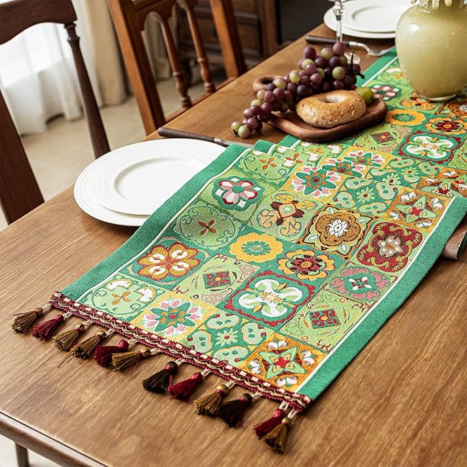13×72 Inch Table Runner, Retro-Luxury Tassels Series for Kitchen Dining Table Holiday Decoration (Ethnic Green)