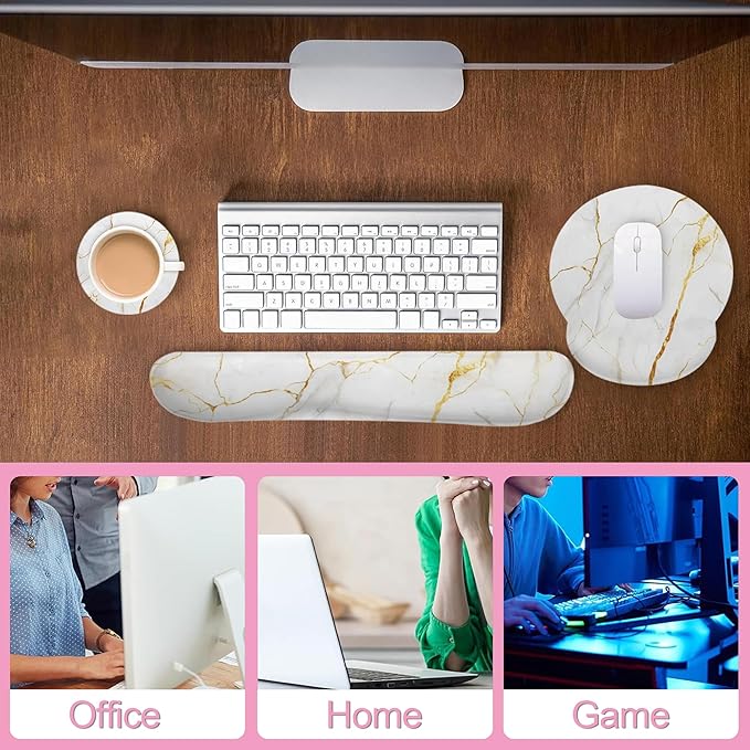 White Gold Flowing Marble Mouse Pad with Wrist Rest and Keyboard Wrist Rest Set, Non-Slip Rubber Base Memory Foam Mouse Pad Set for Women, Office Desk Accessories, Gaming
