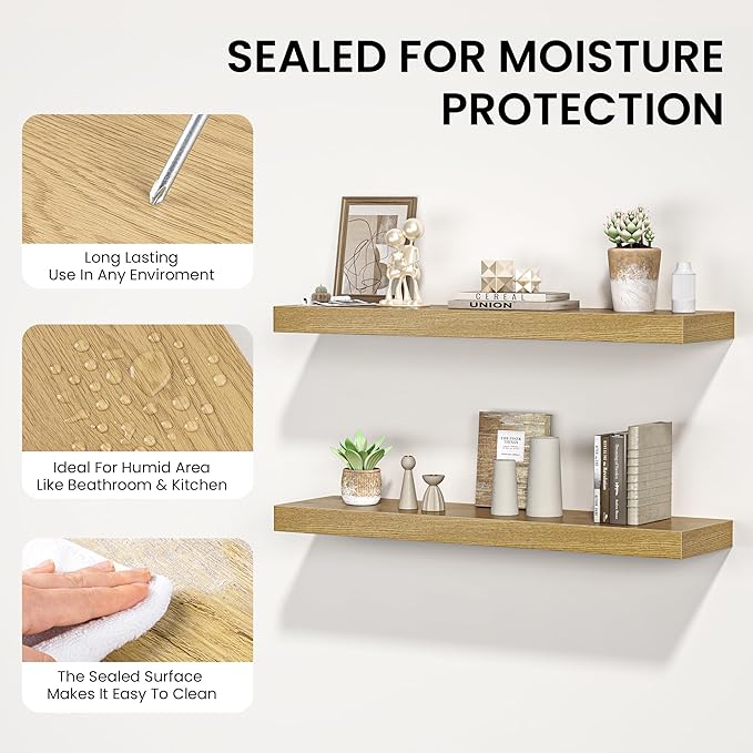 Floating Shelves for Wall, 48" W x 9.3" D x 1.5" H, Wooden Wall Mounted Display Shelves with Invisible Brackets for Living Room, Bedroom, Bathroom, Kitchen Decor and Storage, Set of 1, Oak