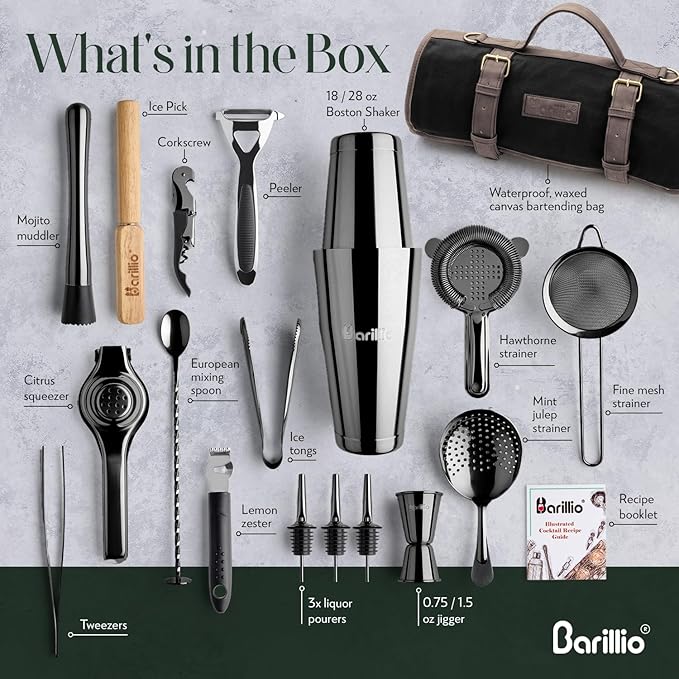 Barillio Bartender Kit Bag with Black Cocktail Shaker Set - Waxed Canvas, Traveling Bar Tools Bag with 17-Pc Cocktail Kit - Travel Mixology Bartending Kits - Mobile Bar Roll with Strap & Accessories