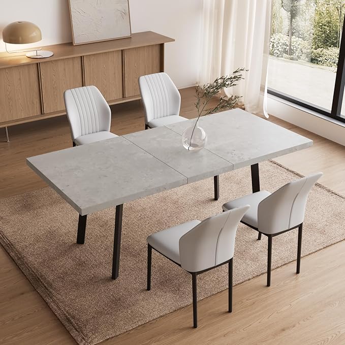 47.2"- 62.9" Extendable Dining Table Set for 4, Modern Kitchen Table with 4 PU Leather Chairs, Thickened Expandable MDF Wooden Table with Metal Legs for Dining Room, Kitchen, Living Room