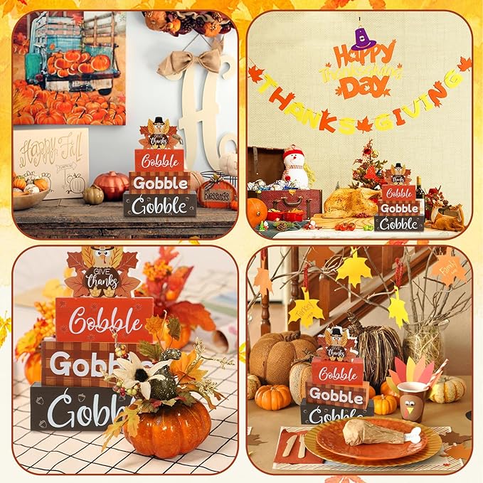 4 Pcs Thanksgiving Fall Tiered Tray Decor Fall Tabletop Decor Turkey Wooden Signs Thanksgiving Centerpiece Rustic Wood Turkey Block Sign Wood Farmhouse Vintage Ornaments for Home Kitchen Mantel