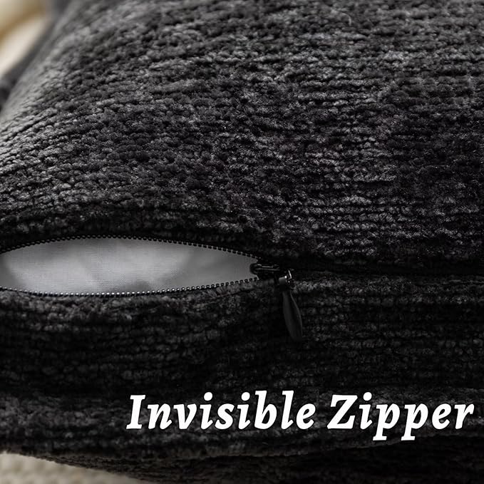 Black Decorative Throw Pillow Covers 22x22 Inch Set of 2 Cozy Soild Chenille Cushion Cases Soft Textured Square Couch Pillows Cover Boho Accent Farmhouse Pillowcases for Sofa Bed
