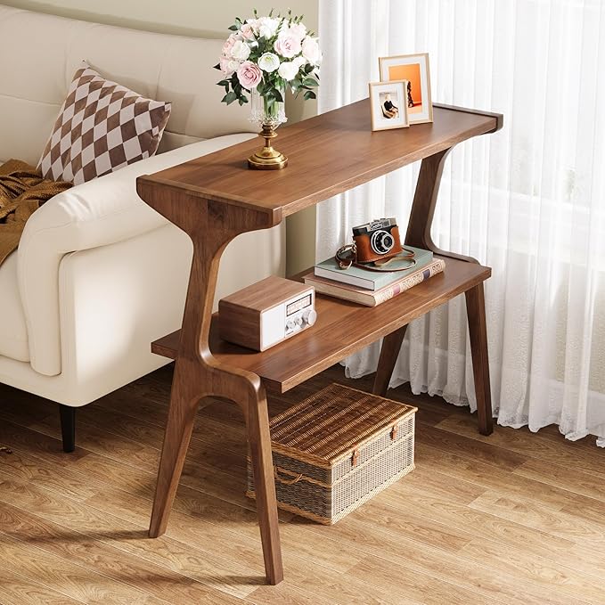 Tribesigns Set of 2 Wood End Table, Farmhouse Narrow Side Table with Storage Shelves, 2-Tier Slim Couch Side Table for Living Room, Long Bedside Table for Bedroom, Small Spaces, Rustic Brown
