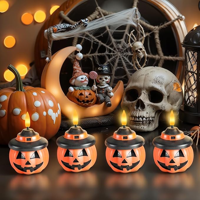 Homemory Real Wax Pumpkin Candles, 4 Pcs Flickering Flameless Candles with 6hrs Timer, LED Halloween Pumpkin Lamp, Battery Operated Lights for Home Halloween Decor, Theme Party, Orange