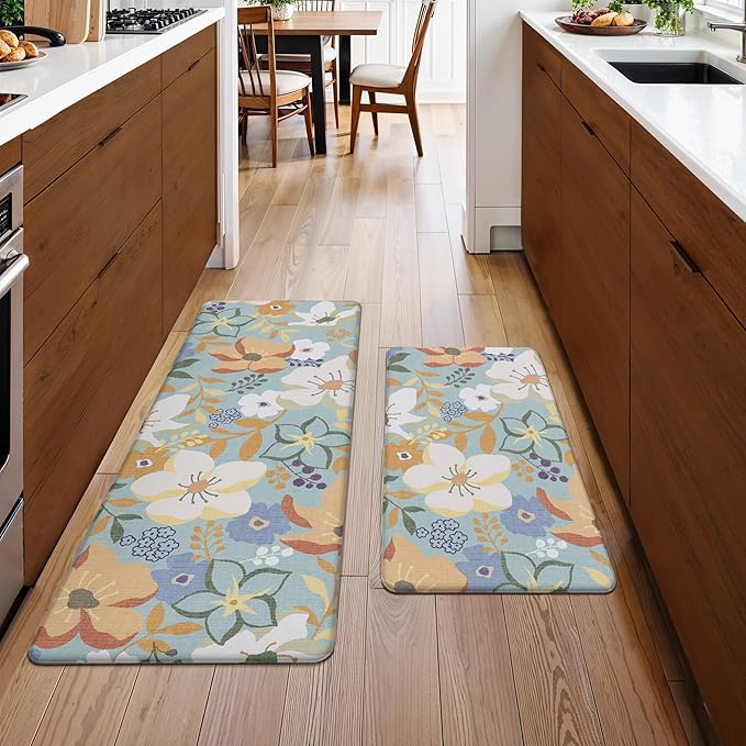 GENIMO Kitchen Mats for Floor 2PCS, Cushioned Kitchen Rugs Non Slip Washable, Farmhouse Anti Fatigue Mat Waterproof, Comfort Standing Mat Rug for Office, Home, Laundry, 17.3"x47"+17.3"x30", Aqua