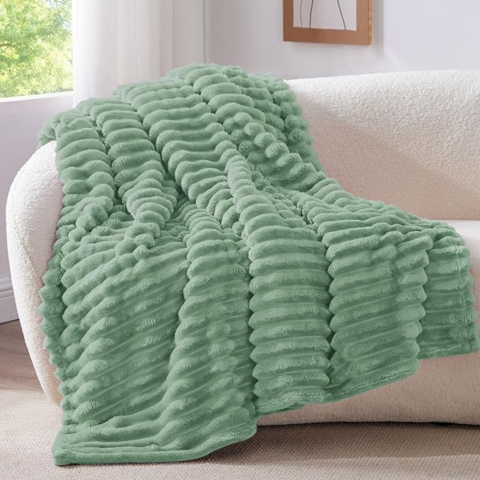 BEDELITE Fleece Throw Blanket for Couch - 300GSM Soft & Warm Fluffy Sage Green Blanket, Decorative and Giftable Striped Blankets for Women, Men, 50"x60"