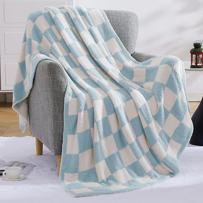 WRENSONGE Checkered Throw Blanket, Sky Blue Soft Cozy Fluffy Warm Hand Made Throw Blankets for Couch, Sofa, Chair, Bed, Camping, Picnic, Travel Lightweight Bed Blanket - 50"*70"